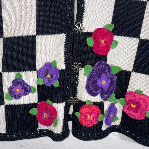 Vintage Christina Rotelli Checkered Floral Applique Sweater Cardigan 100% Cotton - Picture 3 of 12